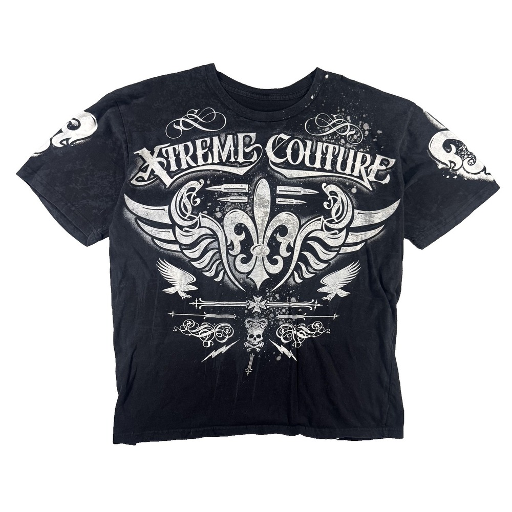 Xtreme Couture Shirt Mens XL Black Fleur De Lis Skull Wings Graphic Biker Tee